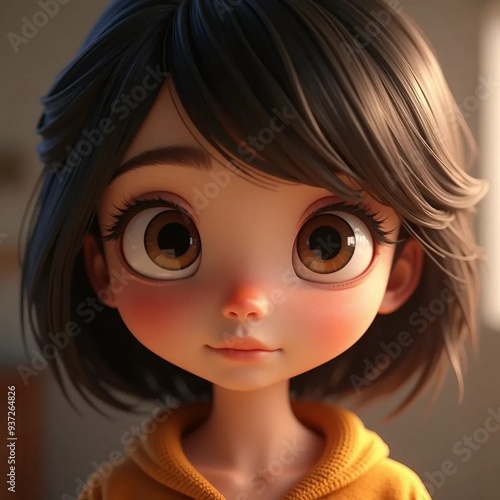 Tender girl with big eyes. Cartoon or game character. Cartoon style. 