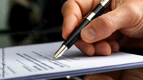 Close-up of a hand signing a compliance agreement with a pen