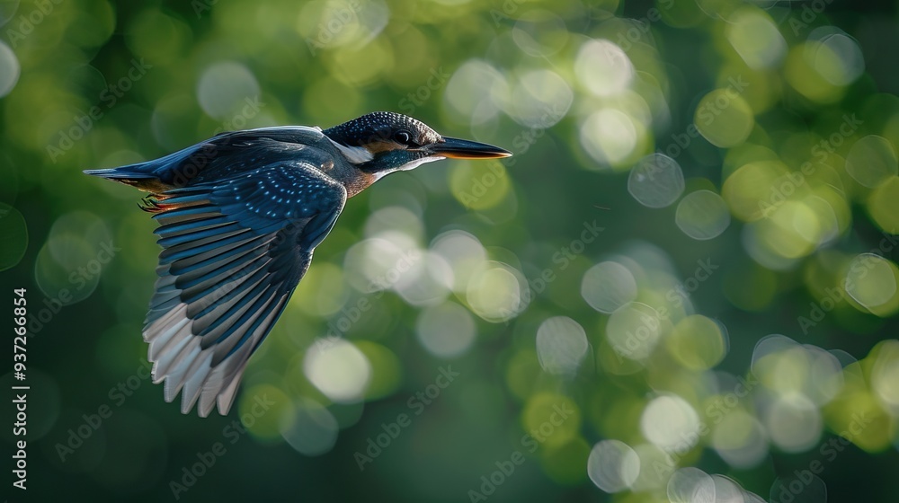 Bird in flight with wings spread Blurred green background Nature wildlife photography Motion capture Avian behavior Forest or garden setting Bird in flight with wings spread Blurred green background Nature wildlife photography Motion capture Avian behavior Forest or garden setting