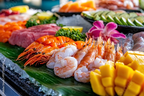 Close-Up of Fresh Seafood Platter with Shrimp, Tuna, and Sliced Mango