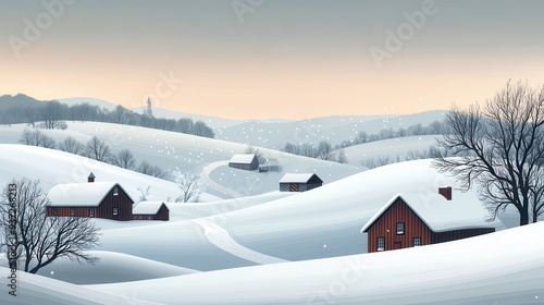 A serene winter landscape with snow-covered hills and rustic houses.