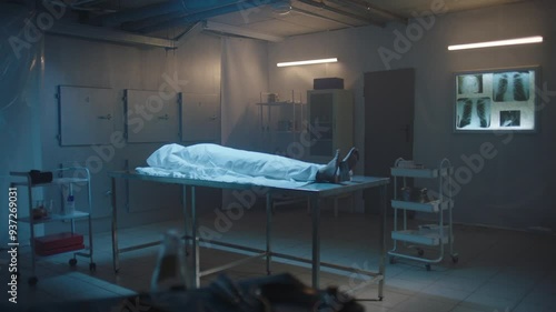 Covered body of a deceased woman on the table at the morgue