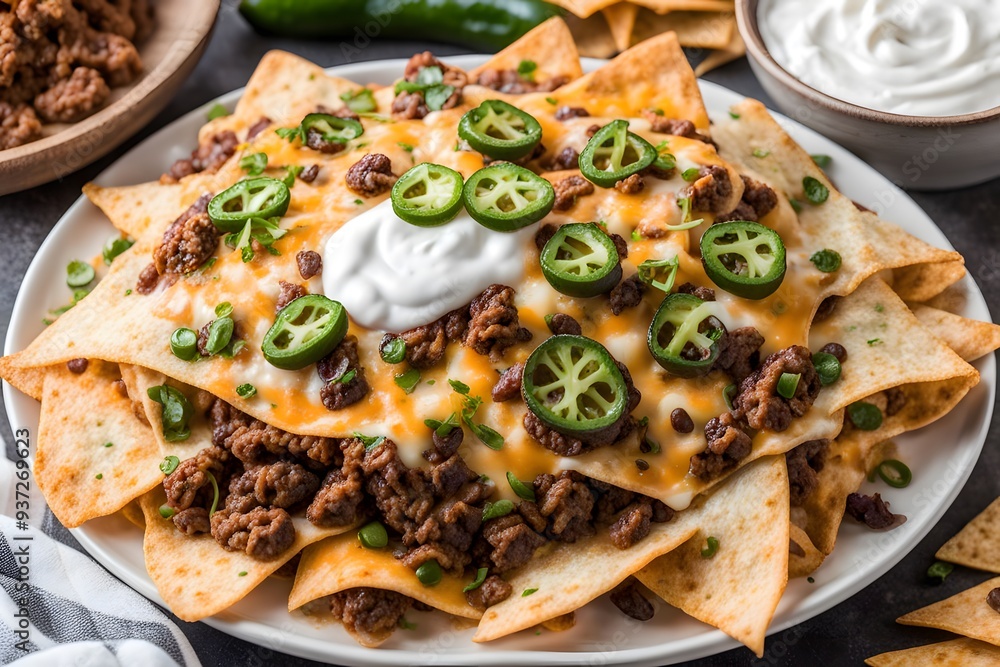 A plate of beef and cheese nachos with crispy tortilla chips seasoned ground beef melted cheese, AI Generated A plate of beef and cheese nachos with crispy tortilla chips seasoned ground beef melted cheese, AI Generated