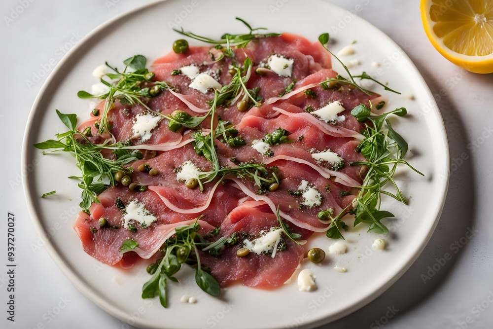 A plate of beef carpaccio with thinly sliced raw beef arugula capers and shaved parmesan drizzle, AI Generated A plate of beef carpaccio with thinly sliced raw beef arugula capers and shaved parmesan drizzle, AI Generated