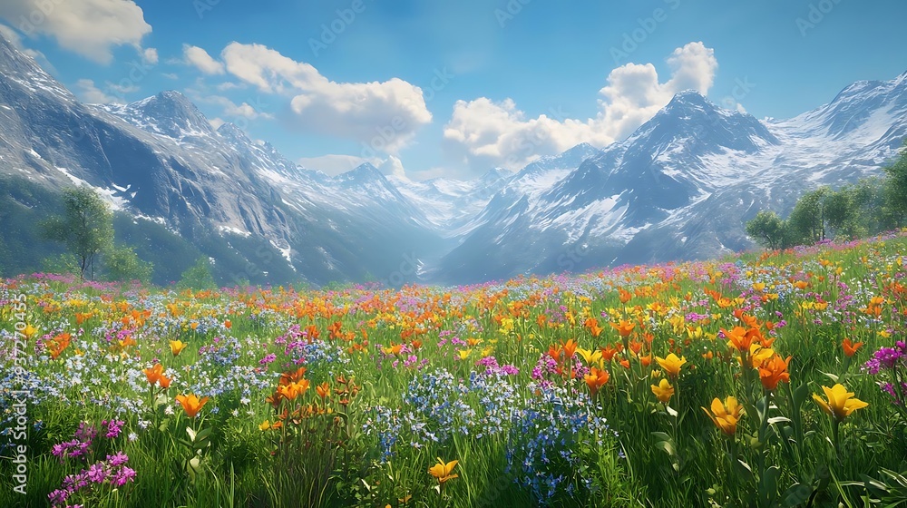 Fototapeta premium Mountain Meadow Wildflowers Landscape Illustration