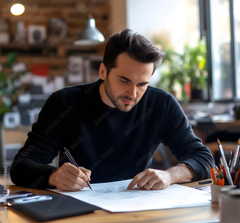 an attractive man wearing a black sweater working at his desk, drawing on paper, a modern interior, and natural light, creating a cinematic, hyperrealistic scene an attractive man wearing a black sweater working at his desk, drawing on paper, a modern interior, and natural light, creating a cinematic, hyperrealistic scene