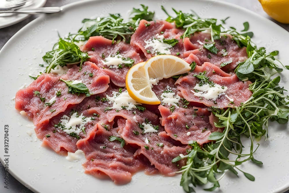 A plate of beef carpaccio with thinly sliced raw beef arugula capers and shaved parmesan drizzle, AI Generated A plate of beef carpaccio with thinly sliced raw beef arugula capers and shaved parmesan drizzle, AI Generated