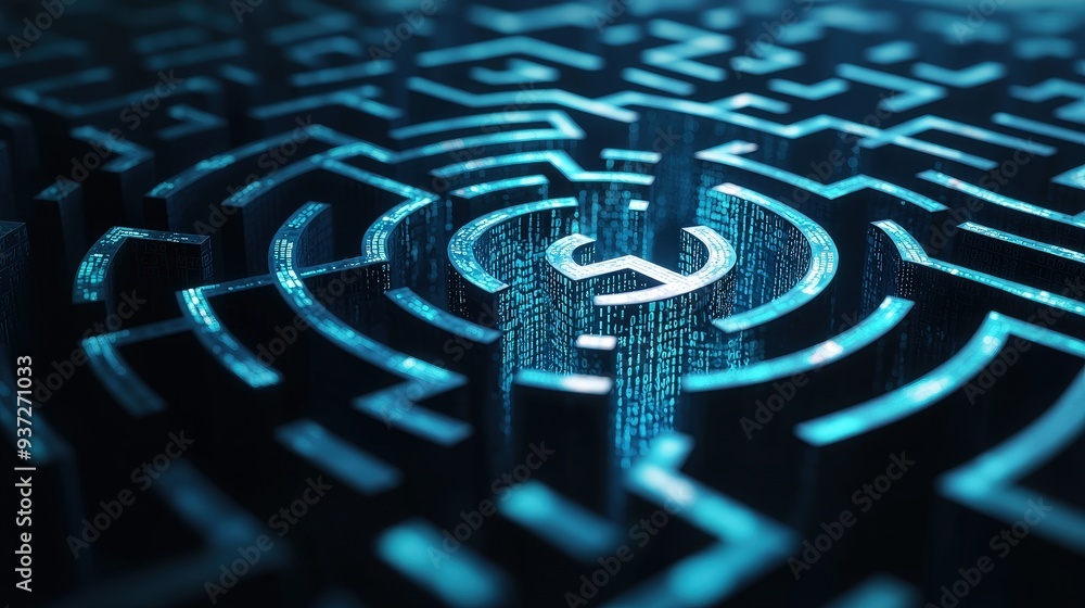 Poster depicting a labyrinth with JavaScript code guiding the way to represent programming problem-solving Poster depicting a labyrinth with JavaScript code guiding the way to represent programming problem-solving