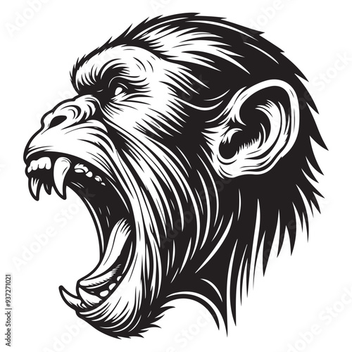 Line art of monkey head roaring side view cartoon vector