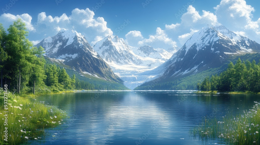 Digital Painting of Alaskan Fjord with Snow-Capped Mountains, Ice Glaciers, and Lush Forests - Serene Natural Beauty Digital Painting of Alaskan Fjord with Snow-Capped Mountains, Ice Glaciers, and Lush Forests - Serene Natural Beauty