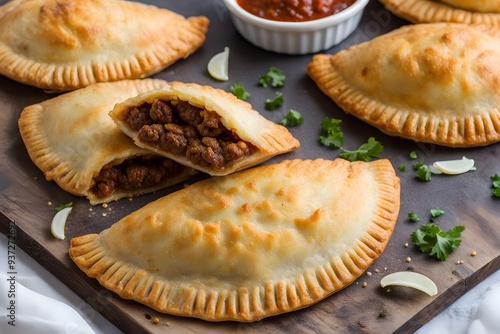 Beef empanadas with a golden flaky crust filled with seasoned ground beef onions and spices, AI Generated photo