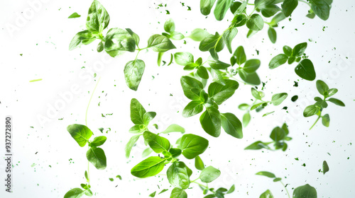 Close-up of fresh green leaves of oregano spice. Botanical background. A favorite spice of Mediterranean cuisine. Bunches of oregano leaves are floating in the air