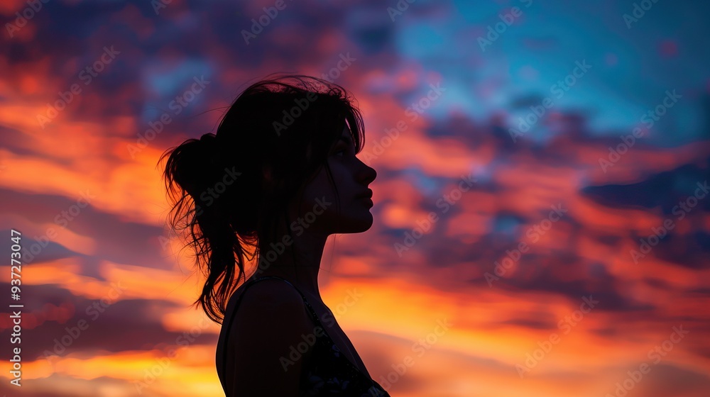 Silhouette of a young woman with her hair tied back standing against a colorful sunset sky reflecting serenity Silhouette of a young woman with her hair tied back standing against a colorful sunset sky reflecting serenity