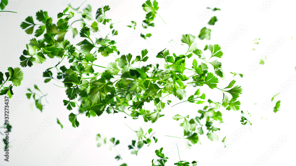 A bunch of fresh green cilantro leaves on a white background. The leaves are scattered throughout the image, creating a sense of movement and energy A bunch of fresh green cilantro leaves on a white background. The leaves are scattered throughout the image, creating a sense of movement and energy
