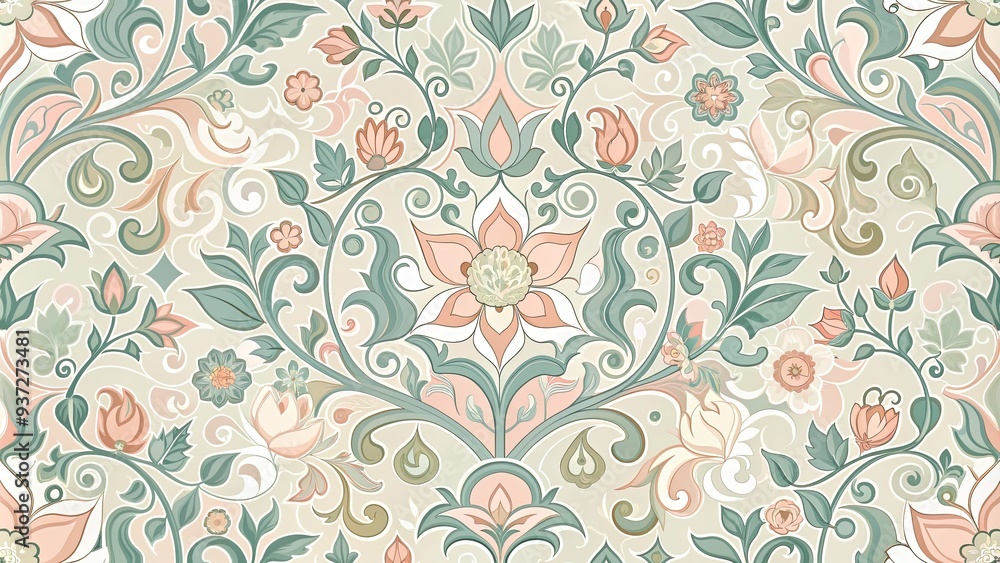 Intricate floral vector pattern with ornate geometric shapes, swirling tendrils, and stylized botanical elements in pastel hues, perfect for wallpapers, fabrics, and design projects. Intricate floral vector pattern with ornate geometric shapes, swirling tendrils, and stylized botanical elements in pastel hues, perfect for wallpapers, fabrics, and design projects.
