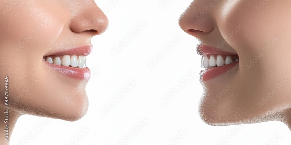 Obraz premium Transformative Teeth Whitening: Before and After Collage of Radiant Female Smiles. AI-Generated Illustration for Professional Dental Care Marketing, Showcasing Dramatic Results on Minimalist White Bac