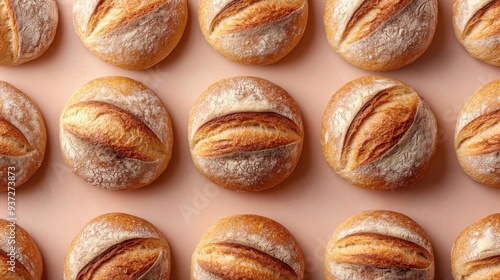 Freshly Baked Artisan Bread Rolls in a Neat Pattern on a Light Background