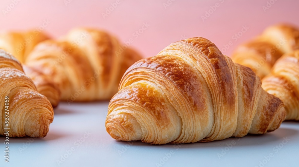 Freshly Baked Golden Croissants on a Light Blue Surface with a Soft Pink Gradient Background Freshly Baked Golden Croissants on a Light Blue Surface with a Soft Pink Gradient Background