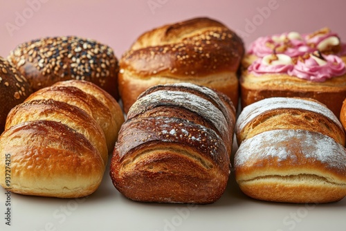 Freshly Baked Artisan Bread Loaves Assorted Varieties on Display with Pink Background