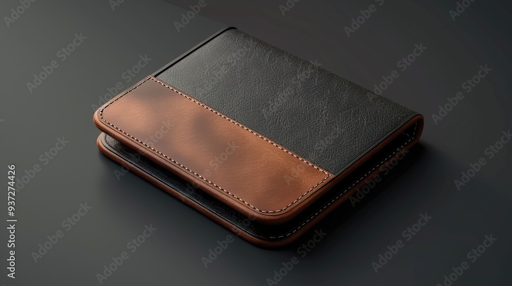Two-tone leather wallet with tan upper half and dark brown lower half closed on black background highlighting contrast and craftsmanship in men's accessory Two-tone leather wallet with tan upper half and dark brown lower half closed on black background highlighting contrast and craftsmanship in men's accessory