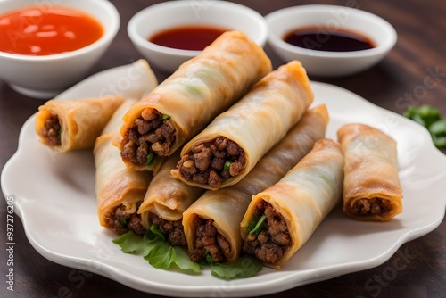 Crispy beef spring rolls filled with ground beef vegetables and noodles, AI Generated