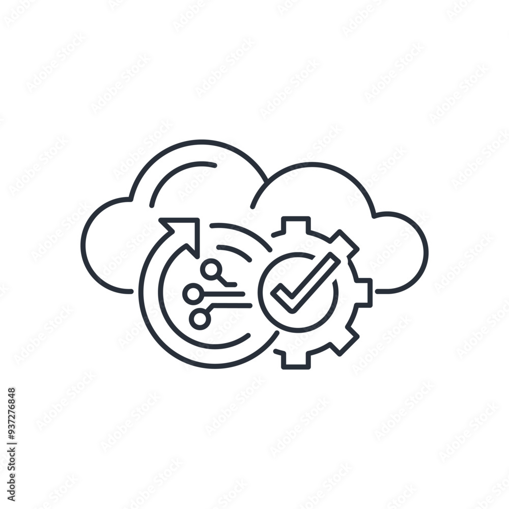 Cloud symbol with electronic automatic data processing. Digital transformation. Vector linear icon isolated on white background. Cloud symbol with electronic automatic data processing. Digital transformation. Vector linear icon isolated on white background.