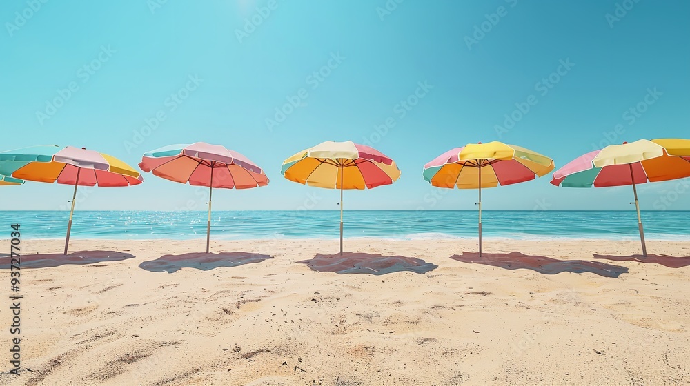 An ocean view with sandy beach and umbrellas, AI generated An ocean view with sandy beach and umbrellas, AI generated
