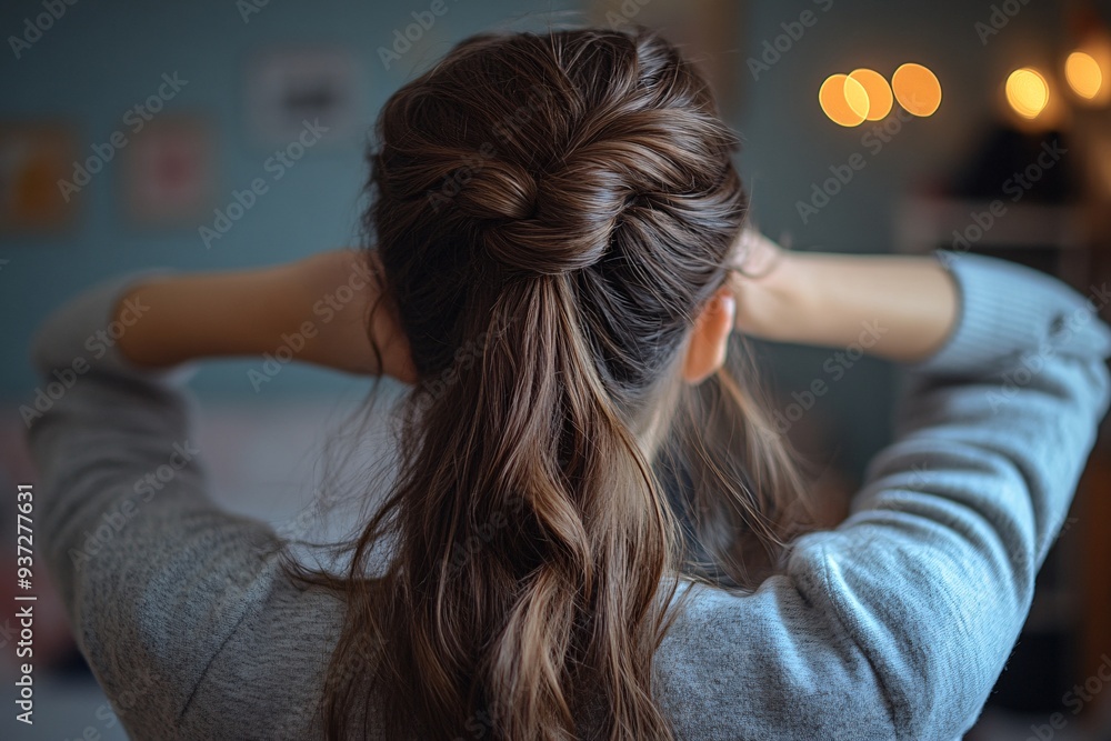 Fototapeta premium Rear View of Woman Adjusting Twisted Half-Up Hairstyle