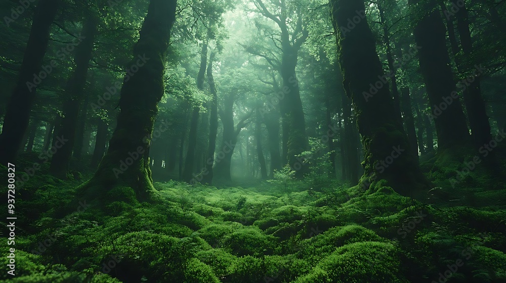 Enchanted Forest with Lush Moss and Foggy Sunlight - Realistic Image Enchanted Forest with Lush Moss and Foggy Sunlight - Realistic Image