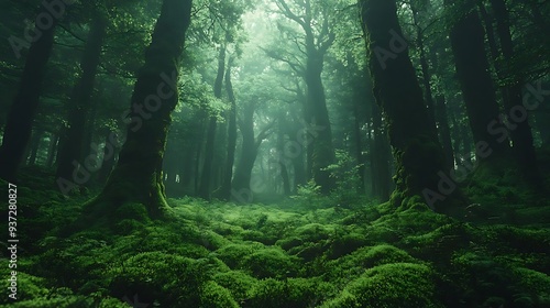 Enchanted Forest with Lush Moss and Foggy Sunlight - Realistic Image