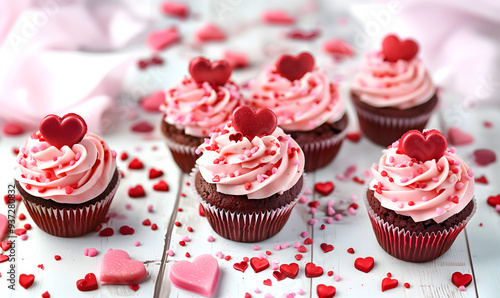 Creative food concept. Row of chocolate Cupcake muffin cake with topping of icing frosting and heart love shape sprinkles on white rustic wooden background . copy text space photo