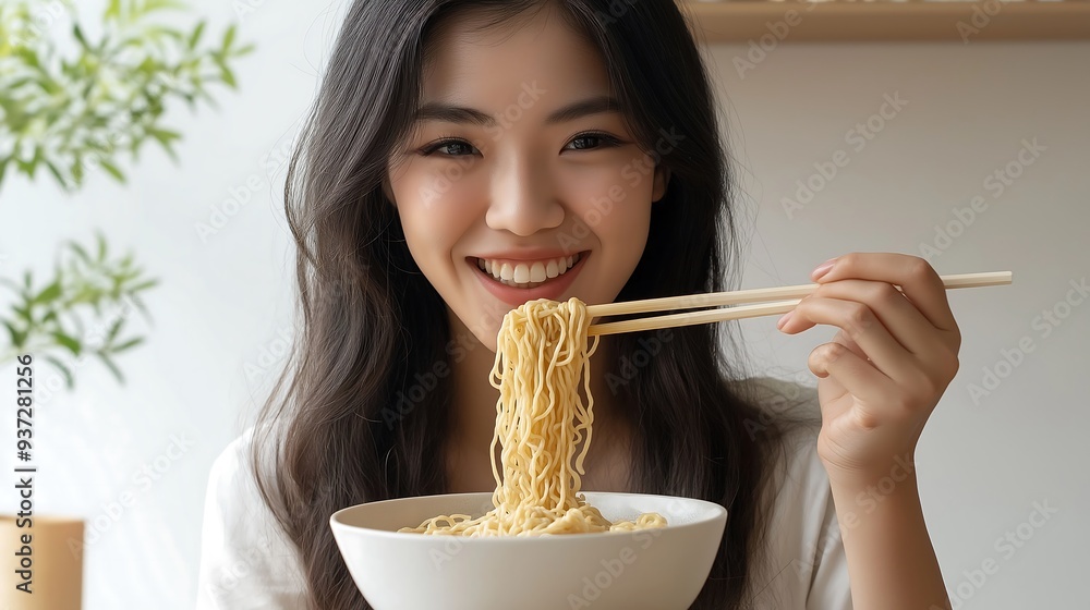 An Asian woman eating noodles with chopsticks