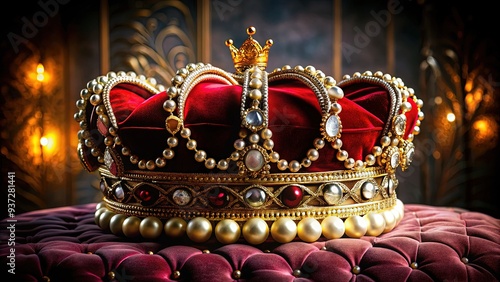 Majestic royal crown adorned with glittering jewels and pearls rests on a regal velvet cushion, symbolizing luxury, power, and nobility in a lavish, ornate setting. photo