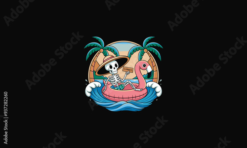 skeleton is riding a flamingo float on the beach vector flat design