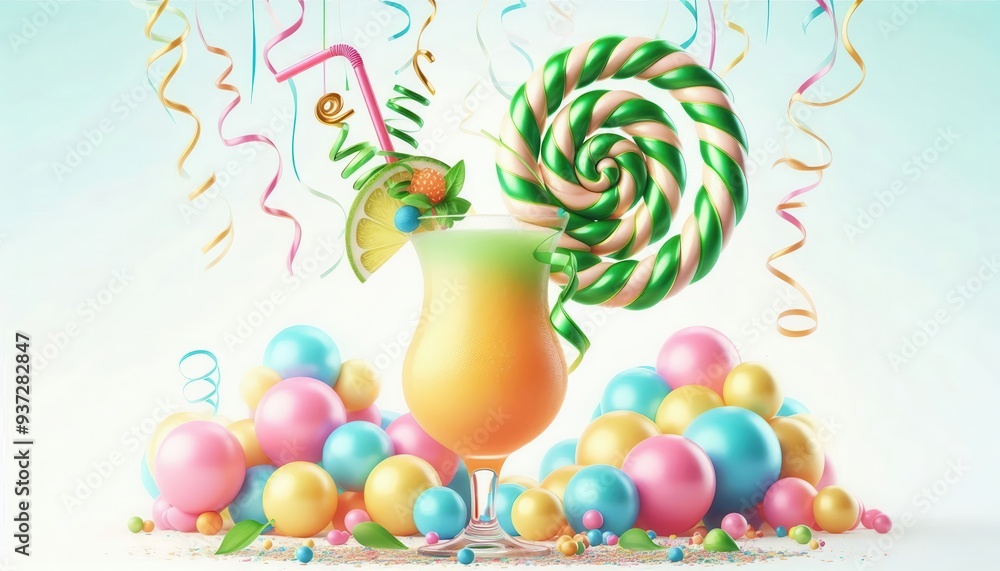 **Description**: A vibrant summer drink surrounded by colorful balls and festive decorations, perfect for celebrations and events. Ideal for marketing, party planning, and food-related projects. **Description**: A vibrant summer drink surrounded by colorful balls and festive decorations, perfect for celebrations and events. Ideal for marketing, party planning, and food-related projects.