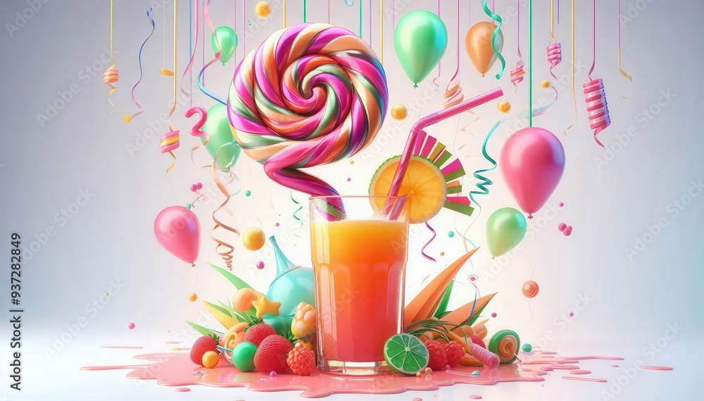 A vibrant and playful composition featuring a colorful drink, candy, and festive elements, perfect for celebrating events and promoting sweet treats. A vibrant and playful composition featuring a colorful drink, candy, and festive elements, perfect for celebrating events and promoting sweet treats.