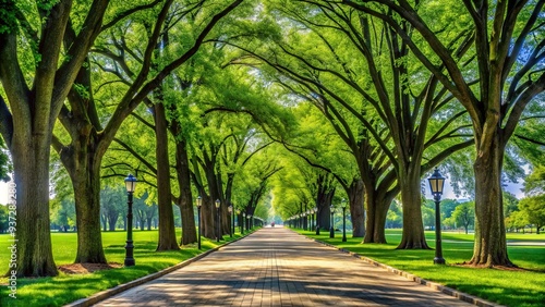 Majestic tall trees with lush green foliage stand proudly along the scenic walking path in Washington D.C.'s beautiful urban landscape on a sunny day. photo