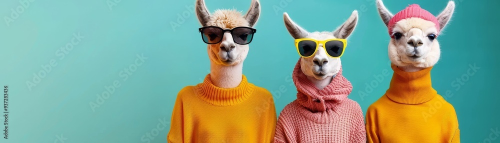 Fototapeta premium Three Llamas Wearing Stylish Sunglasses and Hats