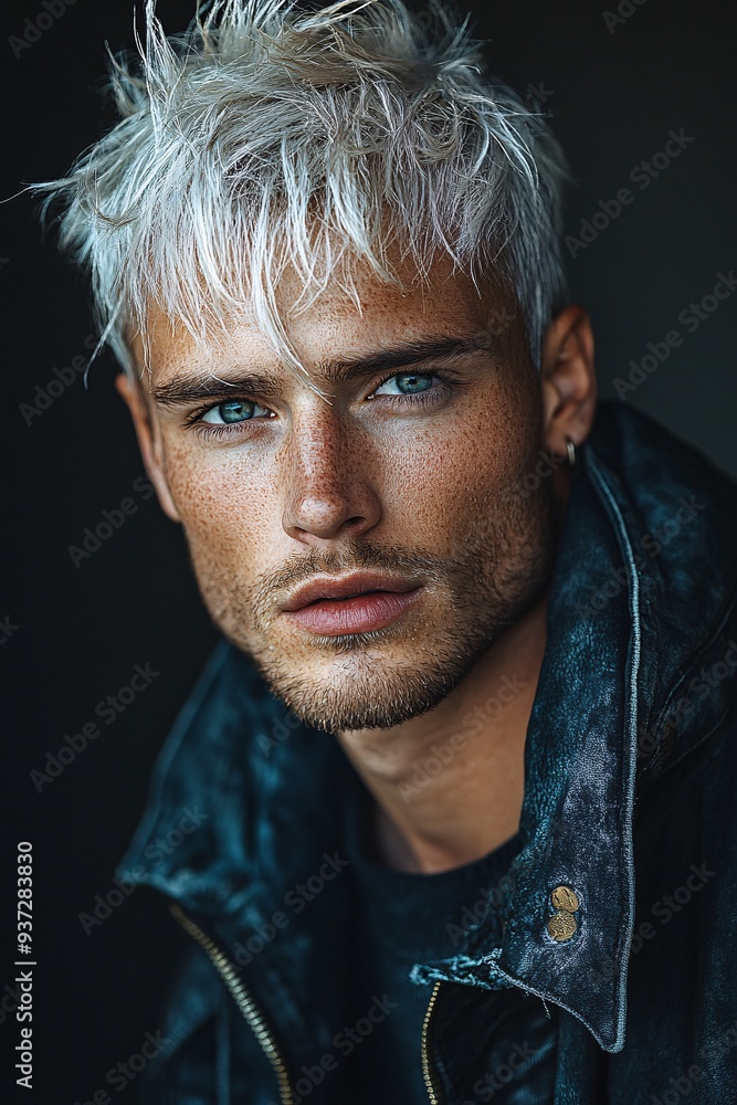 Portrait of a Man with Spiky White Hair and Intense Blue Eyes