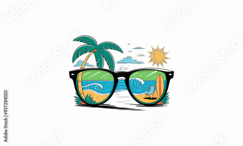 a pair of sunglasses with round lenses, each reflecting a vibrant beach scene vector