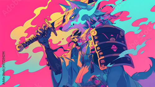 Cute wolf wearing Japanese samurai armor, cool poses, cute kawaii, simple, smiling happy. high quality, neon psychedelic background