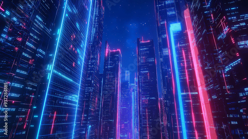 A futuristic technology hub with neon-lit skyscrapers and advanced data centers