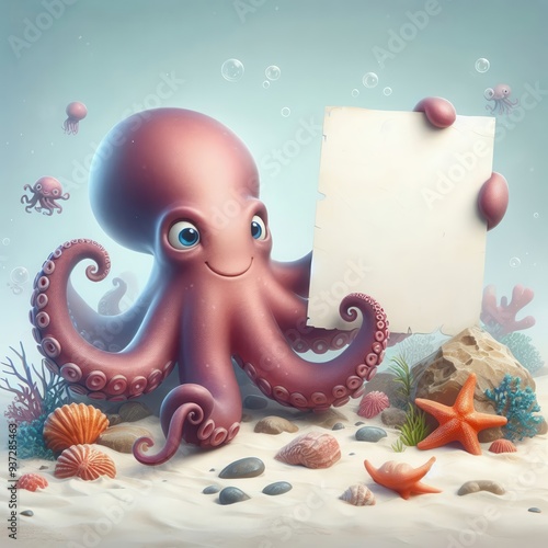 A cheerful cartoon octopus holding a blank sign amidst colorful sea life, perfect for children's content, educational materials, or marine-related projects. photo