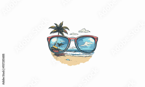 a pair of sunglasses with round lenses, each reflecting a vibrant beach scene vector