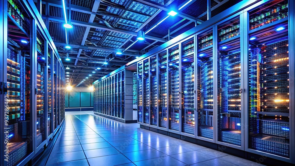 Modern computer server room with rows of humming machines, blinking lights, and cables, representing technical services and data storage infrastructure. Modern computer server room with rows of humming machines, blinking lights, and cables, representing technical services and data storage infrastructure.