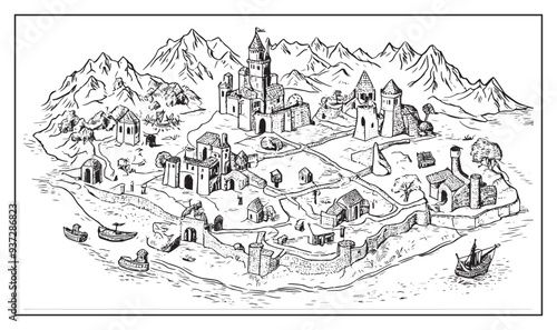 medieval fantasy map with pirates, castles and treasures