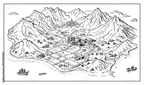 fantasy map illustration with village and mountain landscape