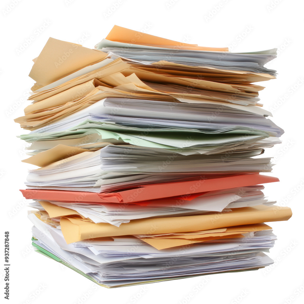 Stack of Colorful Paper Documents on Transparent Background Stack of Colorful Paper Documents on Transparent Background