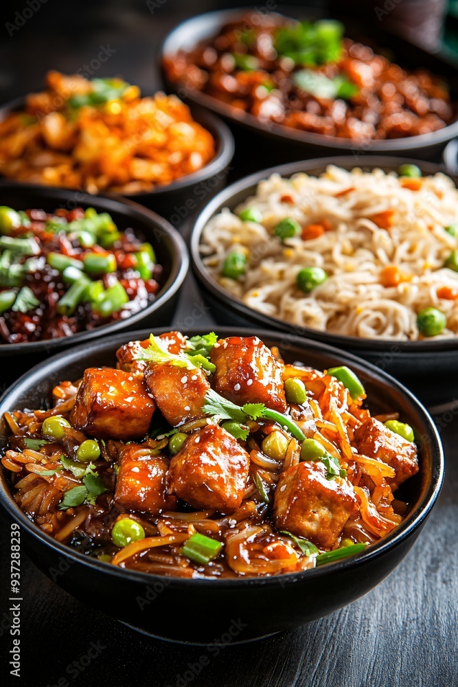 Assortment of Delicious Asian Food in Black Bowls on Wooden Table for Dinner Assortment of Delicious Asian Food in Black Bowls on Wooden Table for Dinner