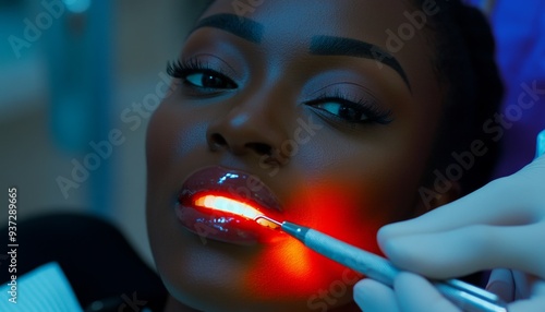 African American Woman Receiving Dental Examination: Oral Health Concept Illustrating Tooth Fractures and Cracks. Creative Abstract Design for Dental Clinic Marketing, Healthcare Awareness, and Inclus photo